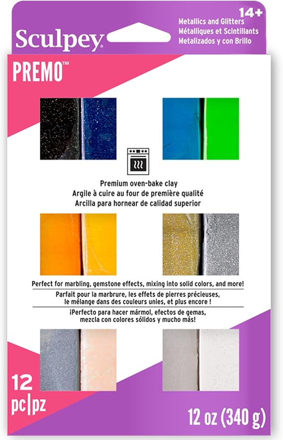 Sculpey Premo: Multipack - Metallics + Glitters - 12 Colors, 1oz Bars, Sampler Pack, Non-Toxic, Sculpt-Model Projects, Adult Arts-Crafts Supplies