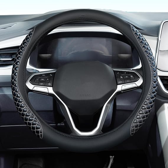 Coverado Car Steering Wheel Cover, Nappa Leather Black & Grayline Steering Wheel Covers, Universal 14-15 inch, Anti-Slip, Breathable Steering Wheel Protector for Women Men