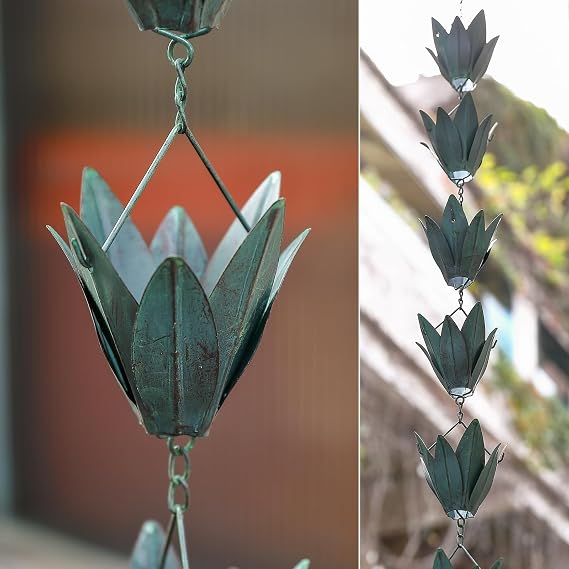 Rain Chains - 8.5 FT Rain Chains for Gutters Downspouts - Outside Leafy Flowers Cups Rain Chain - Antique Blue