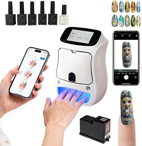 3D Smart Nail Printer Machine Kit, Mobile Nail Painting Machine with 5" Touchscreen, APP Control, 4800DPI High-Resolution, DIY Digital Fingernail Painting for Home & Salon