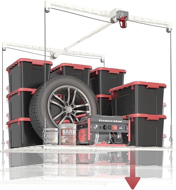 Overhead 4x4 Ft Ceiling Storage Lift, Heavy-Duty Mounted Garage Storage System, 250lbs Capacity(white)