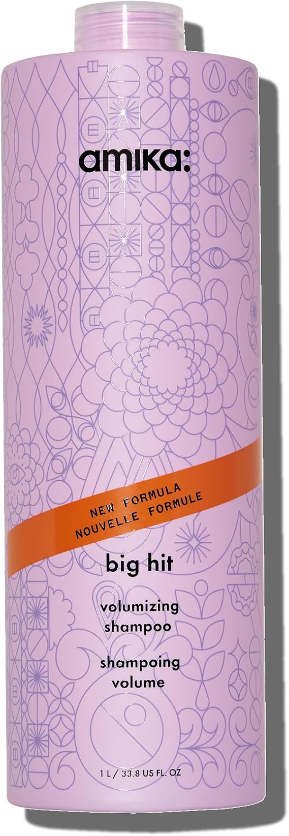 amika big hit volumizing shampoo - hair care for fine to medium strands - sulfate free shampoo with caffeine + sea buckthorn - helps boost volume + adds weightless moisture (1000 ml)