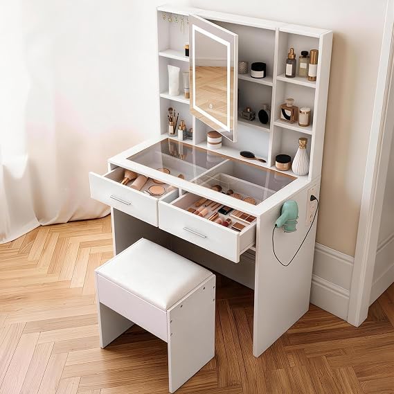 Karl home Dressing Table with LED Mirror, Glass Top, Power Outlet,Stool Set