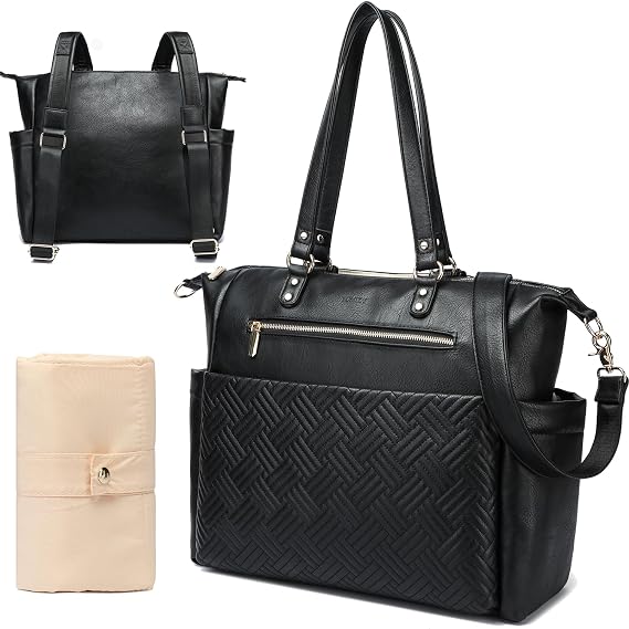 Modern Leather Diaper Tote & Backpack with Changing Pad, Multiple Pockets, Laptop Compartment, Black