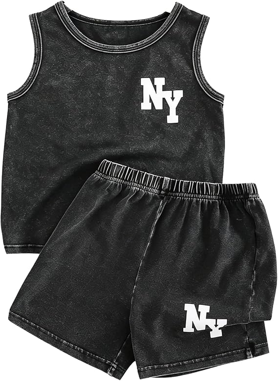 Xumplo Baby Boys Clothes Sets for Kids Toddler 2-Piece Outfit Set Gray Tank Top+Shorts with White NY Print Cotton 6M-4T