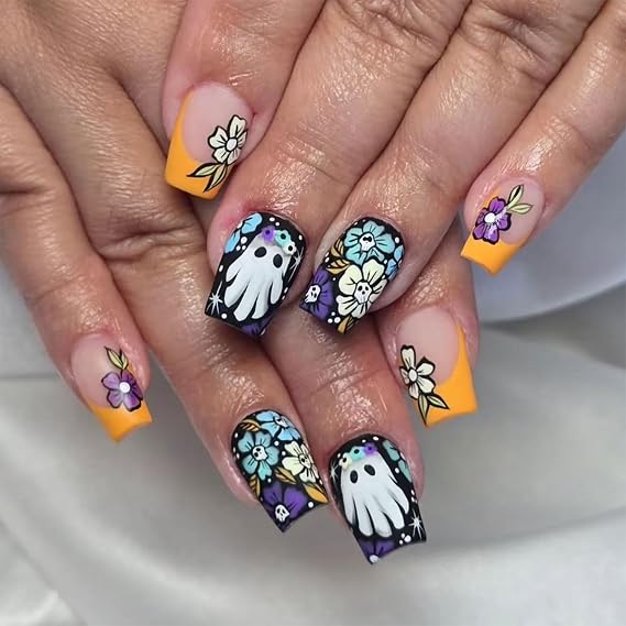 Halloween Press on Nails French Tip Nails Press Ons Medium Square Fake Nails with Cute Ghost & Flower Designs Acrylic Nails Full Cover Matte Stick on Nails for Women Manicure Diy 24Pcs