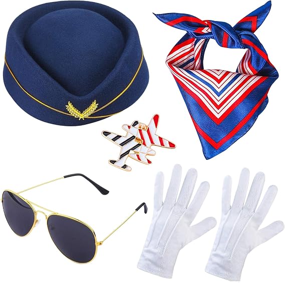 Navy Blue Professional Flight Attendant Costume, 5-Piece Set for Women, Includes Hat Gloves Scarf Brooch Glasses for Role-Playing Carnival Events 