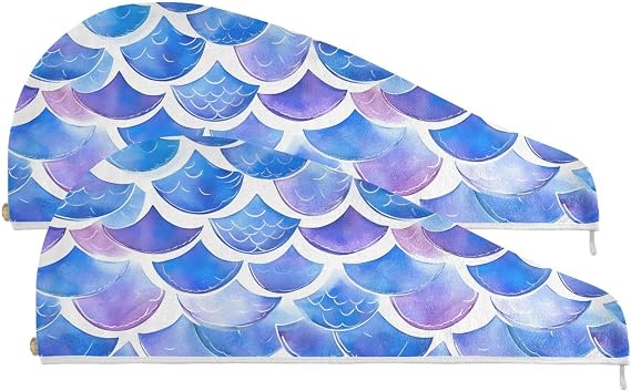 Pale Purple Mermaid Scales Microfiber Hair Towel Wrap for Women 2 PCS Quick Drying Hair Turbans with Button, Absorbent Dry Hair Cap Hair Drying Towel for Wet Hair, Curly Hair