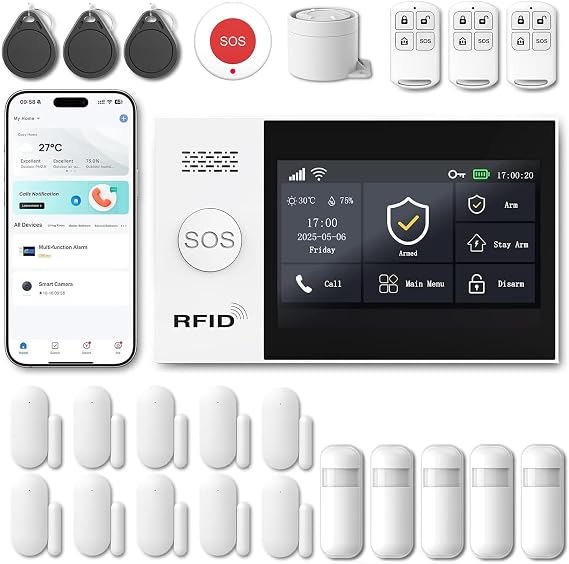 WiFi Wireless Alarm System for Home Security - 24/7 Protection Smart Home Devices 4.3" Touch Screen, GSM/4G+WiFi, App Instant Alerts, No Monthly Fee, Alexa Compatible for Villa, Kids Safety (24 pcs)