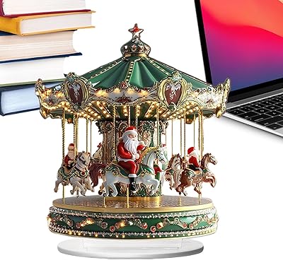 Christmas Carousel - 6.73in Santa Claus Merry Scene Figurine for Shelf Window Cafe Bedroom Office Mantel Bar Indoor Porch with Festive Led Glow, Clear Acrylic, Boxed for Holiday