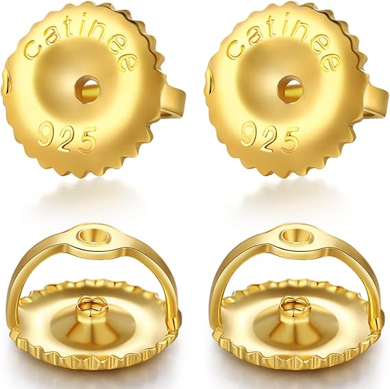 Catinee 2Pairs Gold Screw Earring Backs Replacements,14K Gold Plated 925 Sterling Silver Locking Hypoallergenic Screw On Earring Backs for Studs,Screw Backs Fit ForThreaded Post 0.032"(Gold)