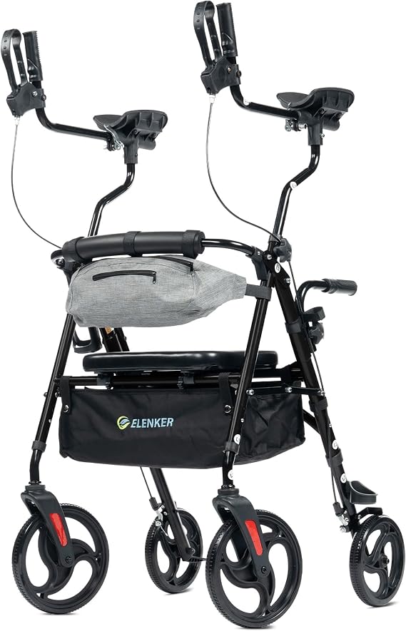 ELENKER Upright Rollator Walker, Stand Up Walkers for Seniors with Armrest, Front Pouch, 10Wheels, Sponge Padded Seat and Backrest, Fully Adjustment Frame, Black