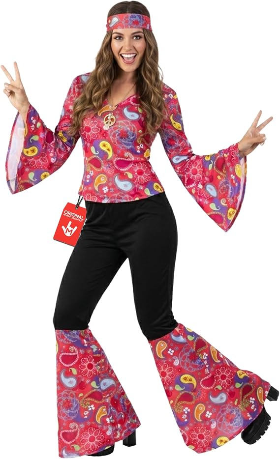 Morph, Disco Woman Costume Women, Halloween Costumes for Women | Paisley Print Collared Top, High-waisted Flare Pants, Matching Headtie Included, Perfect for Halloween, Great for Dress-Up