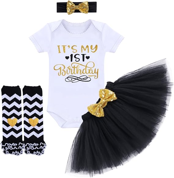 OBEEII Baby Girl 1/2 1st 2nd Birthday Outfit Short Sleeve Romper Tutu Skirt Headband Leg Warmers Set Cake Smash Photoshoot