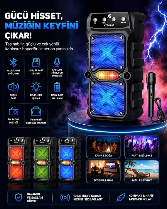 Taşınabilir Bluetooth Parti Hoparlörü, Mikrofonlu Karaoke Seti, Renkli LED Işıklı, FM Radyo ve USB/TF Kart Destekli - Ses Bombası
