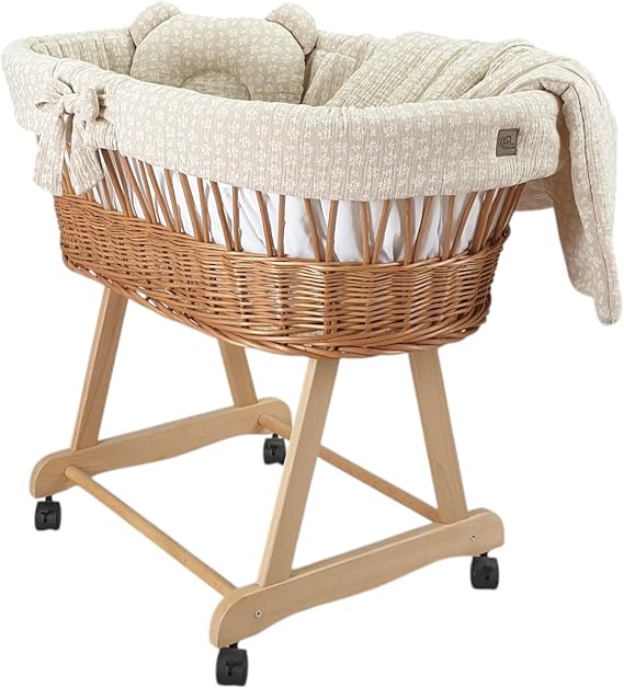 Wiklinopol Amelia Wicker Bassinet with Frame & Mattress - Natural Moses Basket - Set Muslin Bedding in Beige Branches - Wicker Basket Portable Ideal for Newborns