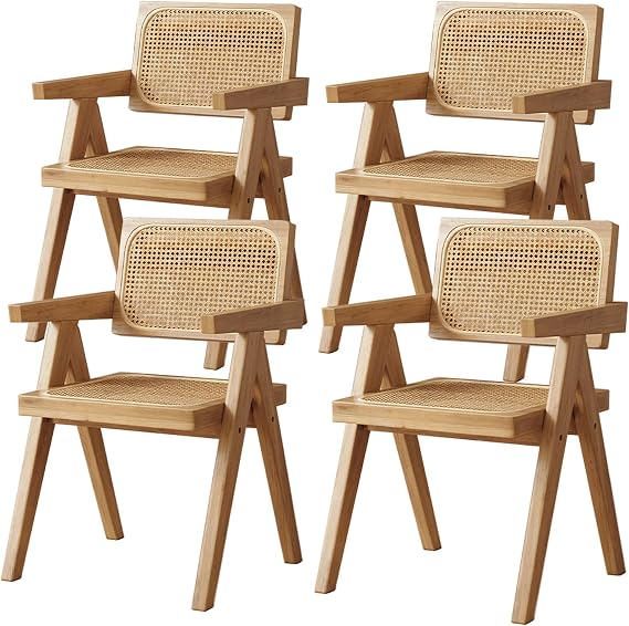 Rattan Dining Chair Set of 1 with Armrest Wooden Side Chair for Living Room Kitchen Patio Bedroom Outdoor Accent Armchair for Reading Area,Wood Color,4PCS