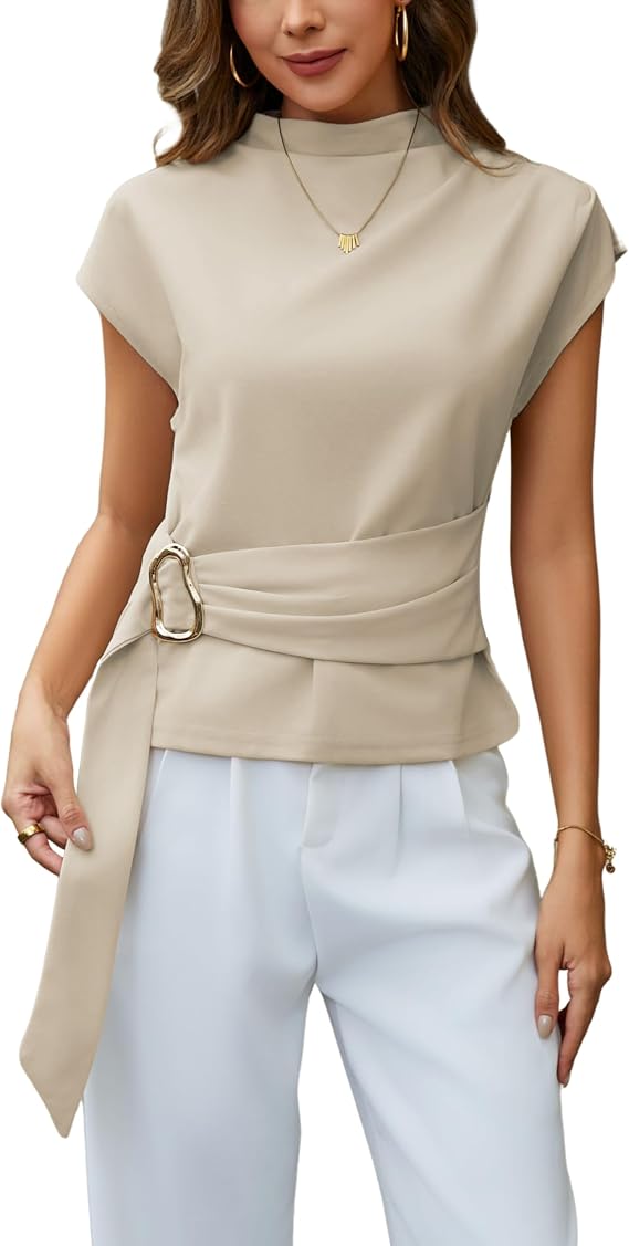 Yeokou Women Buckle Tie Top Stand Collar Belted Short Sleeve Elegant Dressy Spring Summer Business Casual Party Blouse