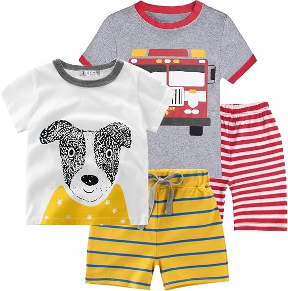 CM-Kid Little Boys Pajamas Short Set Summer Clothes Pjs for Toddler Kids Fire Truck Short Sleeve Sleepwear Jammies Shirts