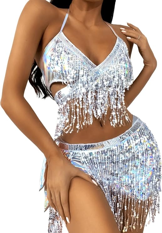 ChiaoLezhee Sparkly Rave Outfits, Sequin Fringe Bikini, Metallic Skirt 3PC Set