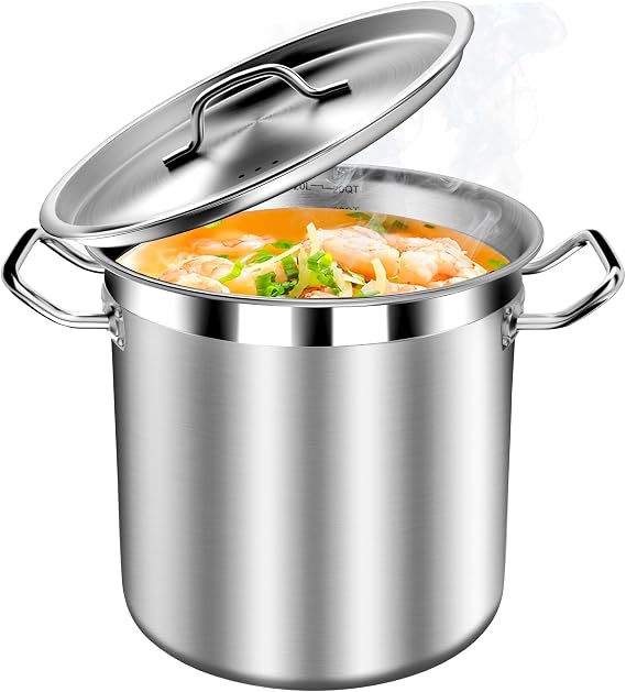 STOCKPOT Stock Pot 20 Quart with Lid Stainless Steel Cooking Pot for Soup, Stew, and Pasta Heavy Duty Induction Compatible Stockpot for Kitchen or Commercial Use, Oven Safe