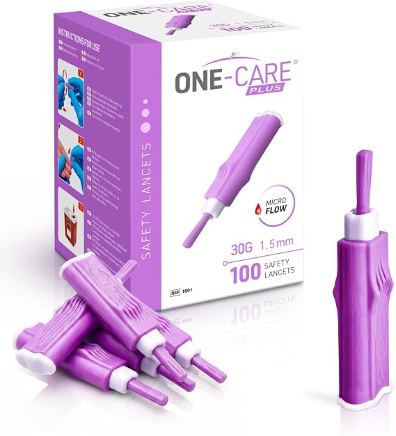ONE-CARE Plus Safety Lancets, 30G x 1.5mm, Contact-Activated, 100 Count