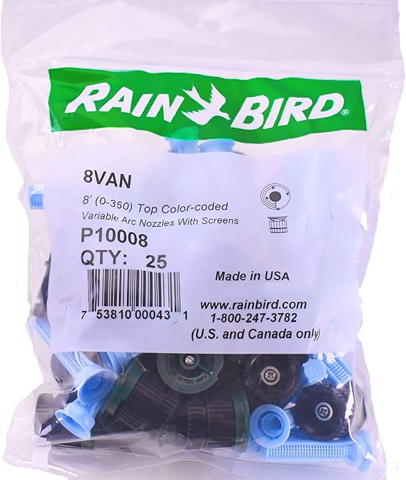 Rain Bird 8VAN Variable Arc Adjustable Sprinkler Nozzle w/Screen, 8 Foot Radius - 25 Pack