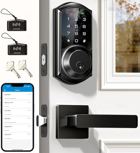 Veise VE06-L Smart Deadbolt Lock with 2 Lever Handle Set, Matte Black