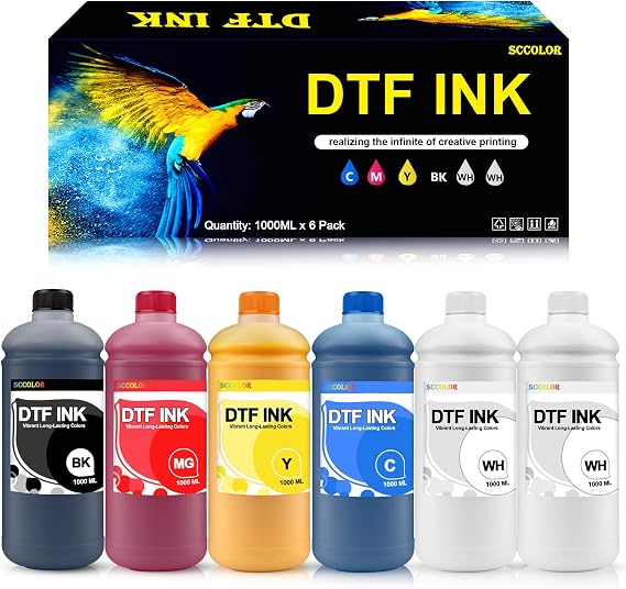 DTF INK Combo Pack 1000ML-Premium Direct-to-Film Transfer Ink for PET Film Compatible for Printheads L1800 L805 R1390 4720 I3200 XP600 DX7 DX5 5113(2 White,1 Black,1 Cyan,1 Magenta,1 Yellow)
