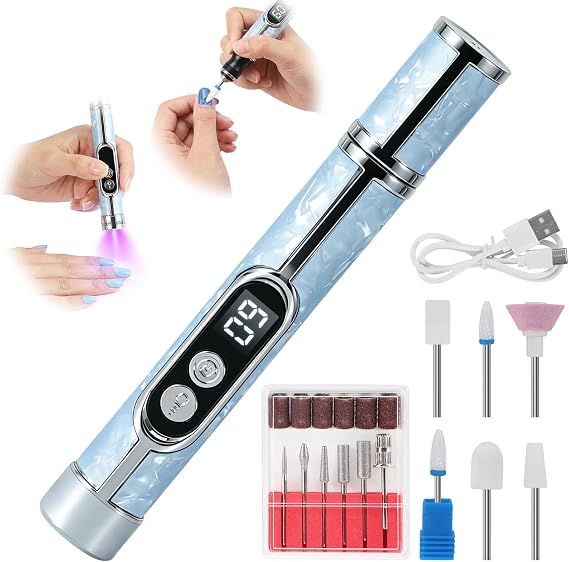 Electric Nail File for Thick Toe Nails, 2 in 1 Electric Nail Drill with UV Lamp, 5 Speed Nail Drill Machine for Various Nails, Toe Nail Grinder for Thick Toenails, Blue (18 Nail Drill Bits