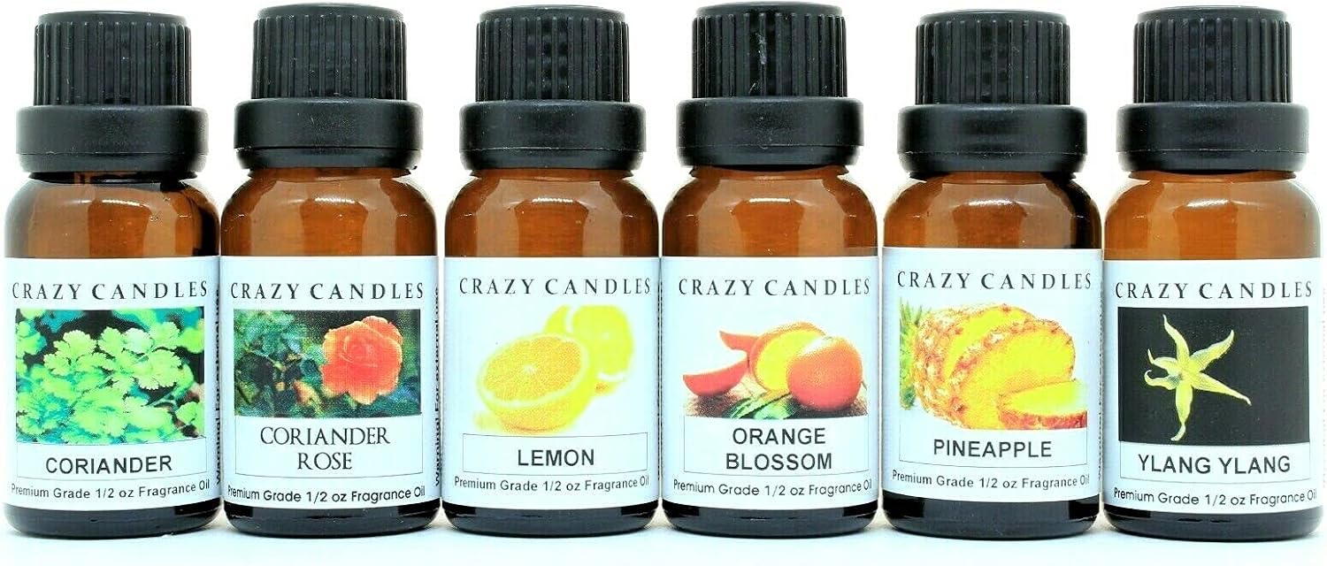 Crazy Candles 6 Bottles Set Made in USA 1 Coriander, 1 Coriander Rose, 1 Lemon, 1 Orange Blossom, 1 Pineapple, 1 Ylang-Ylang 12 Fl Oz Each 15ml Premium Fragrance Oils