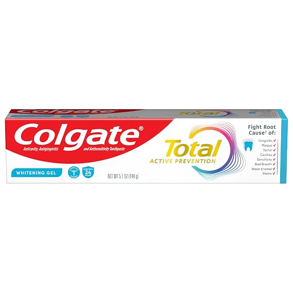 Colgate Total Whitening Toothpaste Gel, Mint, 5.1 oz | Clinically Proven Fluoride Formula, 24 Hour Antibacterial Protection, Anticavity, Antigingivitis, Antisensitivity Toothpaste