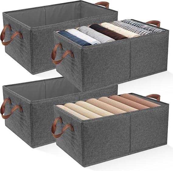 4 Pack Wardrobe Storage Organiser with Handles, Foldable Clothes Storage Baskets for Shelves, Collapsible Fabric Closet Shelf Boxes, Cube Stackable Clothing Organizer for Toys, Towels, Tshirt, Books