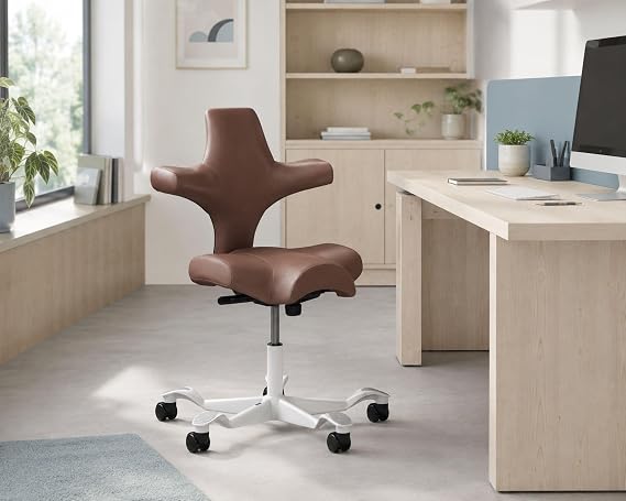 HAG Capisco Standard Chair-White Frame-Upholstered Brown Mahogany Vinyl