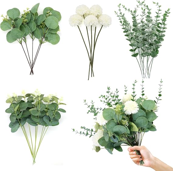Eucalyptus Stems and Hydrangea Flowers 30 Pcs,Faux Eucalyptu Leaves
