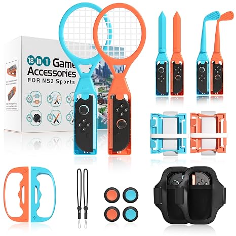 Switch 2 Sports Accessories Bundle 18-in-1 Switch Sports Accessories Bundle for Switch 2 Joy-Con with Tennis, Golf, Bowling, Sword Props, Leg & Wrist Straps Motion Control Game Kit for Switch Sports & Fitness Games