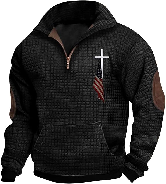 ZYXTIM Men Waffle Sweatshirts Quarter Zip Long Sleeve Stand Collar USA Flag Patriotic Shirts Tactical Military Army Shirts