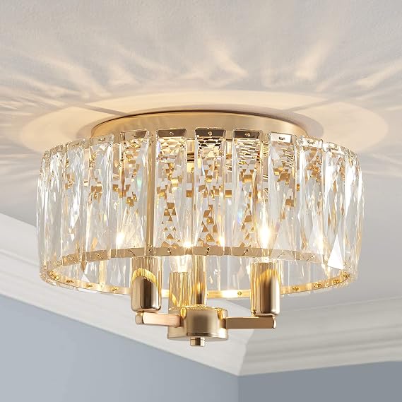 Saint Mossi Crystal Ceiling Light Modern Style Close to Ceiling Light E14 Base 3 Lights D30 cm x H18 cm Shiny Gold Finish Frame