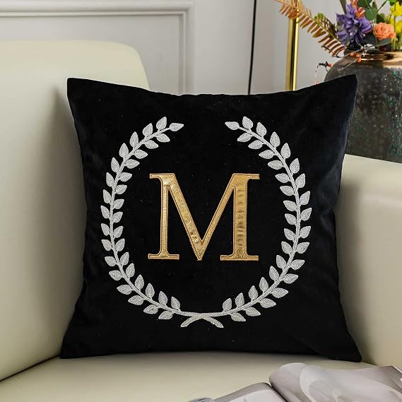 Black Velvet Throw Pillow Cover, Personalized Letter Embroidery Square 18 inches Decorative Pillow Cover,Cover Only (M)