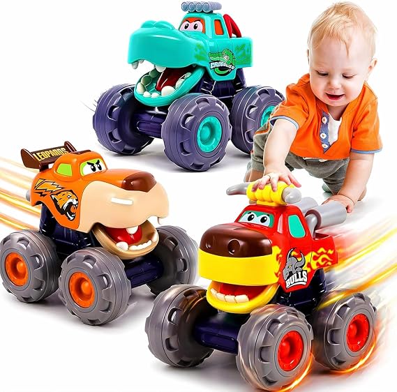 MOONTOY Toy Cars for Toddlers 1-3, 3 Pack Monster Truck Toys for 1 2 3 Year Old Boy Gifts, Baby Animal Play Vehicle Push Pull Back Truck for 12-18 Months 2-4 0-2 1-2 One Year Old Boy 1st Birthday Gift