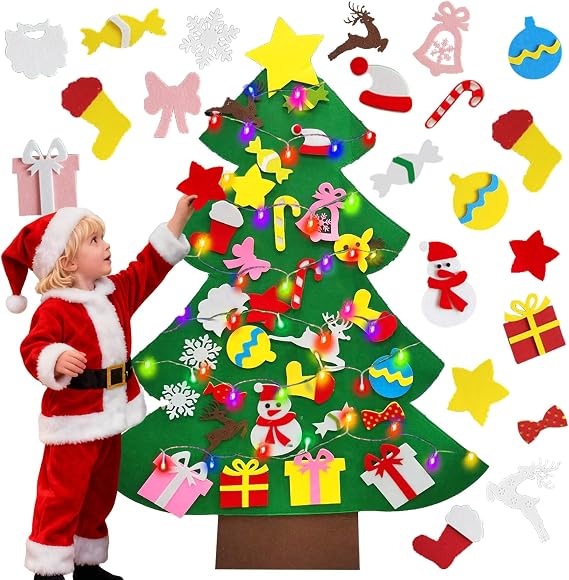 4 Ft Stocking Stuffers Felt Christmas Tree for Toddlers, DIY Felt Craft Kits with 30 Ornaments 10ft Multi-Colored LED String Lights Christmas Wall Hanging Decor Xmas Kids Gifts Toys Party Supplies