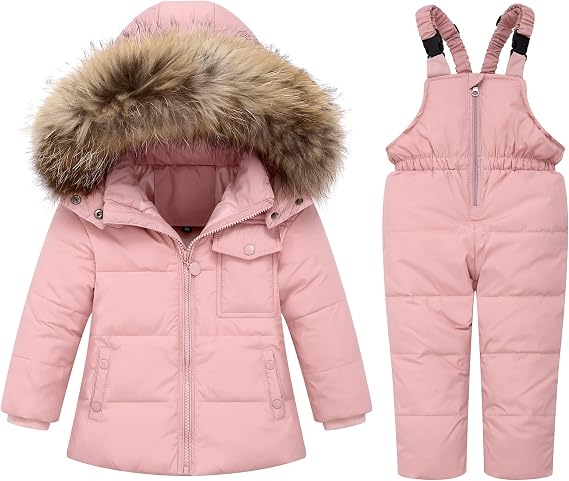 SANMIO Toddler Snowsuit Boy Girl Winter Coat Snow Pants Set, Hooded Down Jacket + Bib Pants Kids Windproof Skiing Suit 2-6T