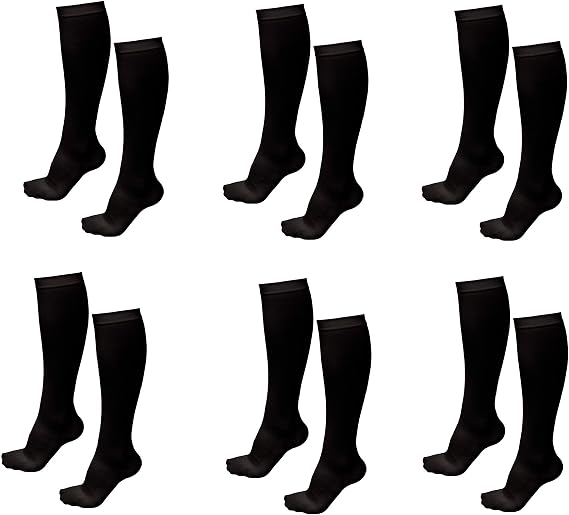Compression Socks (6 Pair) Over the Calf Below Knee Men Woman Pain Ache Swelling Relief Support Stockings (Black,#34;Sm/Med")