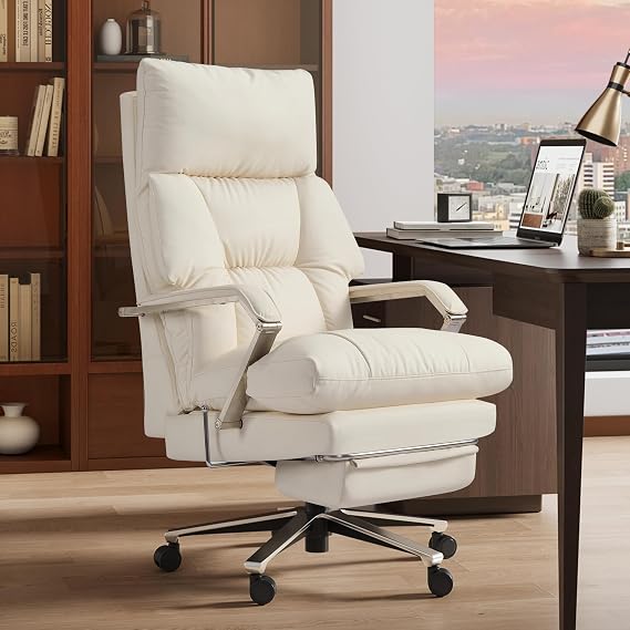 OKUP M76 Reclining Office Chair with Footrest, 160 Recline, Leather, Cream
