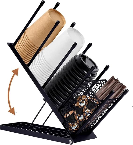 Adjustable 4 Tier Cup Dispenser and Lid Holder, Metal Coffee Cup Organizer with Straw Storage, Space Saving Drinkware Dispenser for Home, Office, Bar, Restaurant
