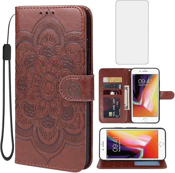 Case for iPhone 6 Case, iPhone 6S Wallet Case with Tempered Glass Screen Protector, Embossed Mandala Leather Flip Credit Card Holder Stand Phone Cover Cases for Apple iPhone 6 Brown