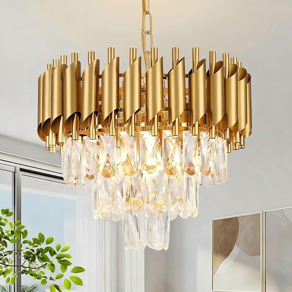 Modern 16-inch Gold Crystal Chandelier, 3-Tier Dimmable Ceiling Pendant Light with Adjustable Chain, Round Flush Mount for Dining Room, Living Room, Bedroom, Kitchen, Foyer