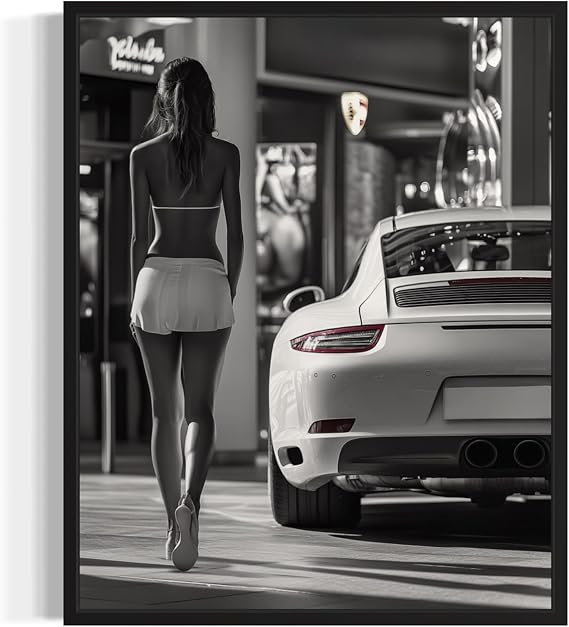 Sport Car and Sexy Model Unframed Wall Art Poster Art Print, Woman High Fashion Photography Glam Gift for Her, Girls, Fashionista, Photo Designer Fans Chic Decor for Home, Office, Bedroom 135 (Sport Car and Sexy Model, 20"L x 16"W, Unframed)