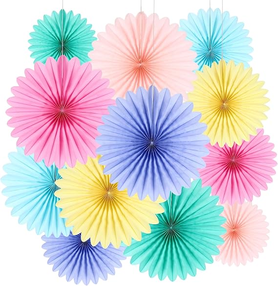 BestoFun Pack of 12 Paper Fan Set Light Pink Yellow Party Decoration Hanging Green Light Blue Light Purple Paper Fan Decoration for Garden Party Table Decoration Birthday Decoration Wedding Baby Shower