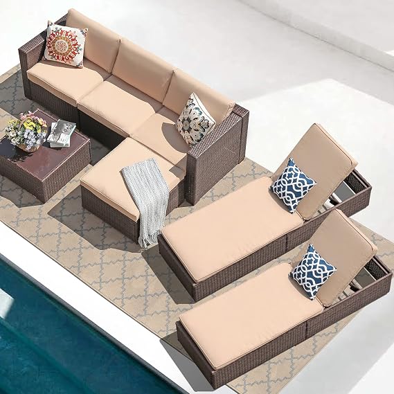 Patiorama 7 Pieces Outdoor Patio Furniture Set,All Weather Brown PE Wicker Rattan Sectional Conversation Set W/Adjustable Chaise Lounge Chair of 2 and Coffee Table,for Porch Garden Pool,Beige Cushion